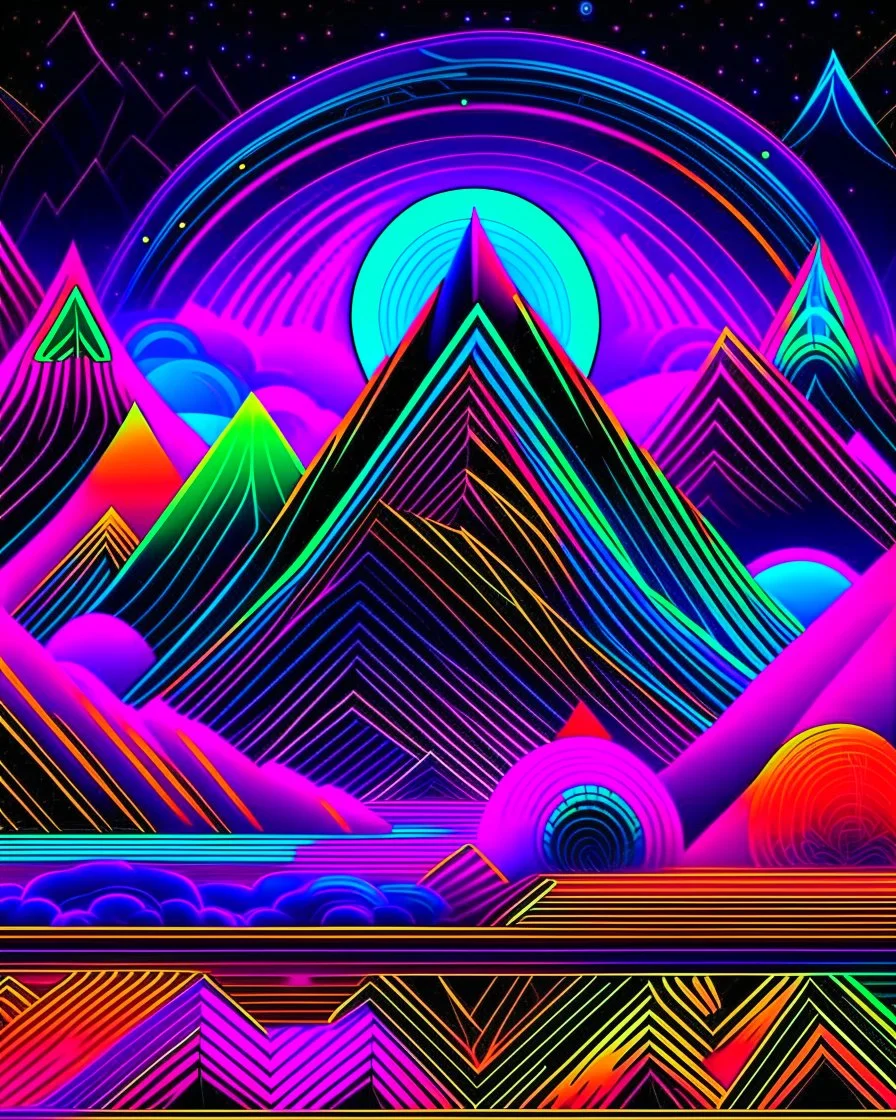 psychedelic landscape with geometrical patterns and neon colors