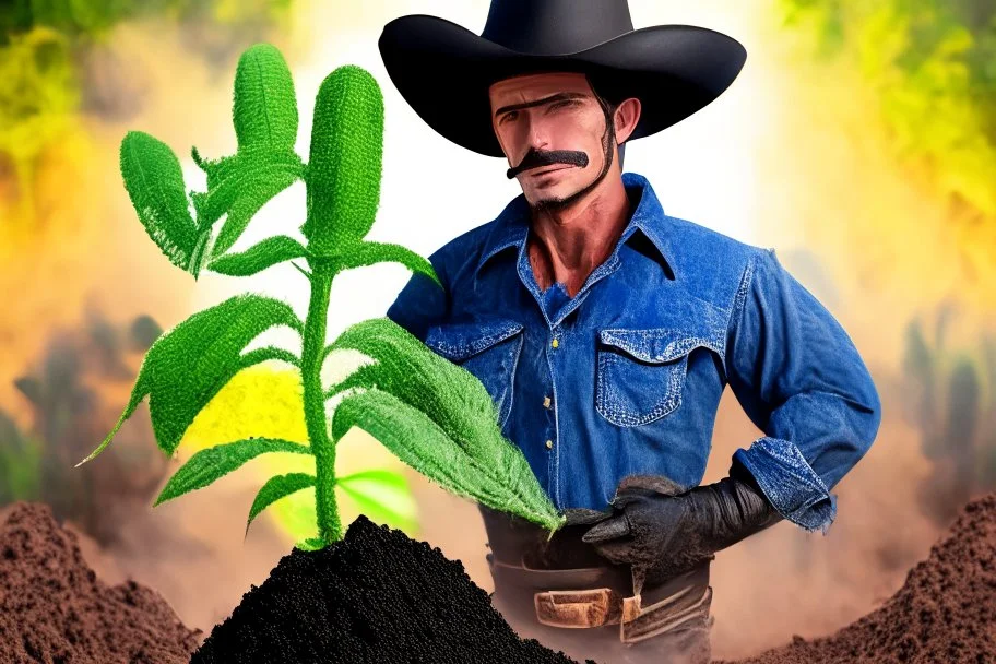 cowboy holding a plant growing in biochar. Biochar background