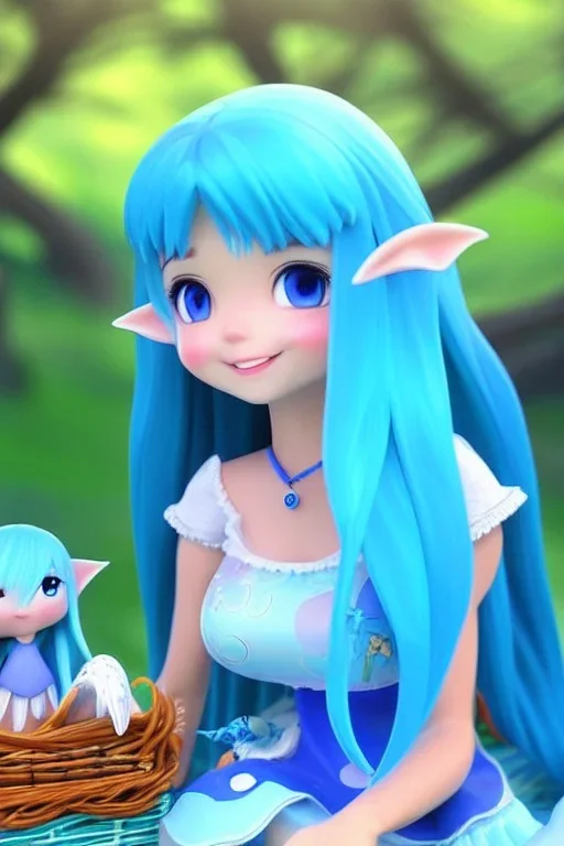 Female sea elf on a picnic with her animal friends,blue hair, blue skin, expressive emotion, highly detailed, laughing, nature, Grove, oasis