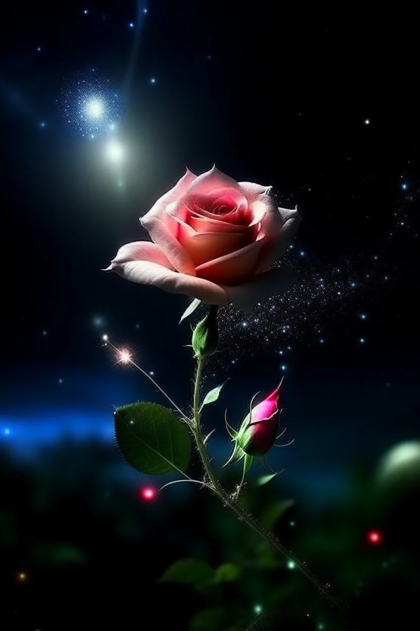 delicate rose, night, bright stars, shine magic