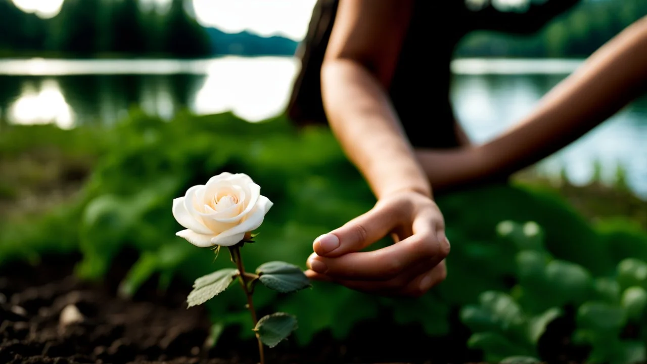 a young woman's hand plants a small white rose stem in the ground, in the background a lake, some green trees, ultra detailed, sharp focus, perfect hands, perfect photo