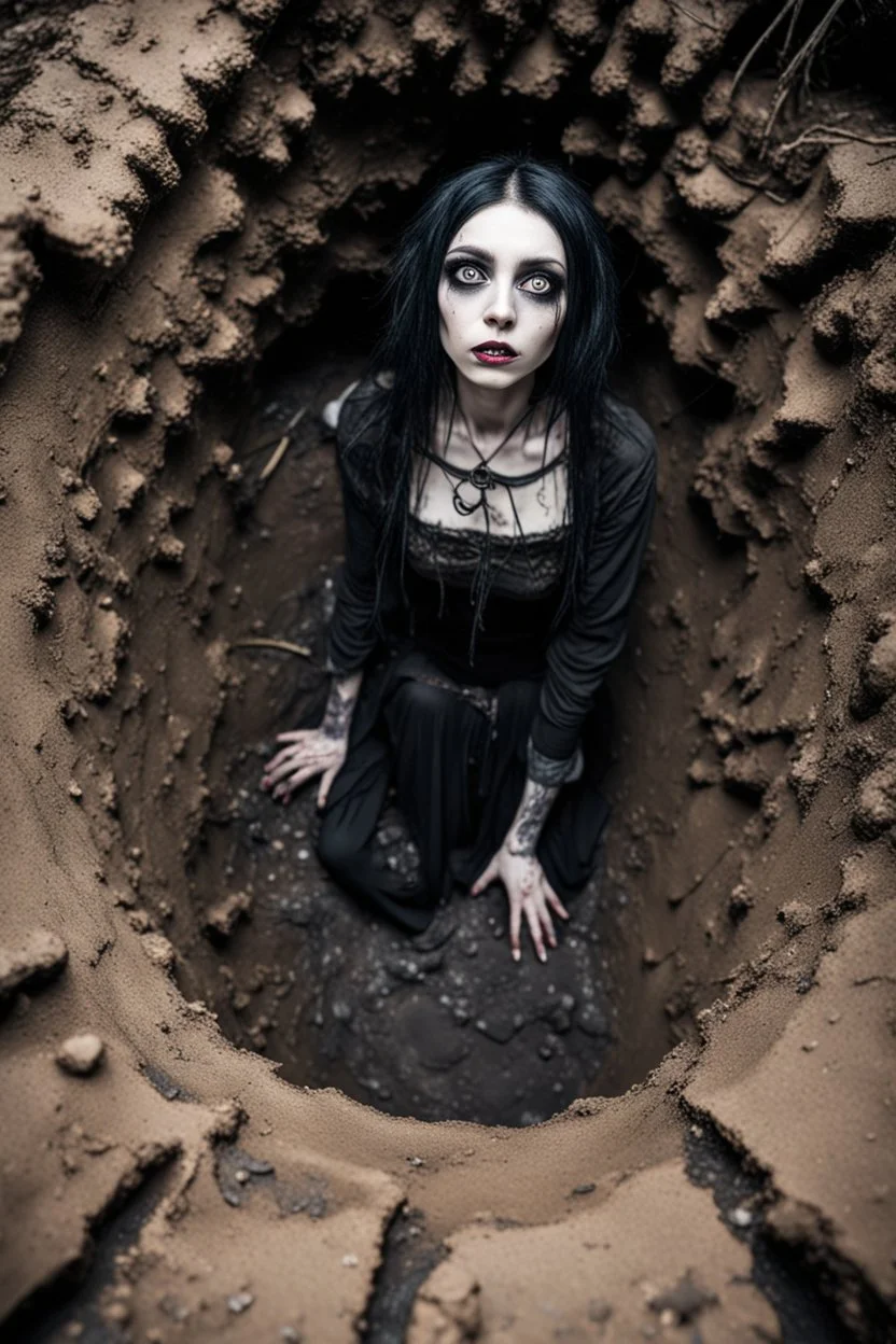 Closeup tall Girl goth with big eyes, fullbody, ragged clothes, extended like roots, the perspective looking up from the bottom of an empty well , mud under, 8k,macro photography,