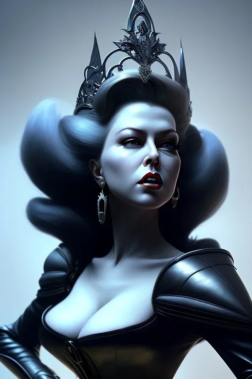 Lana Turner as evil queen in black leather, leather, busty, cleavage, angry, stern look. character design by cory loftis, fenghua zhong, ryohei hase, ismail inceoglu and ruan jia. unreal engine 5, artistic lighting, highly detailed, photorealistic, fantasy