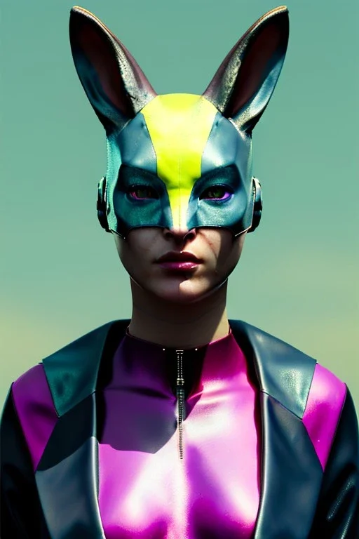 Medium Close Up Portrait, Front image. cyberpunk, rabbit mask, sweet woman, long hair. Latex suit army. Pink, white, yellow, color. Wolverine style. Color background, photo studio. Avatar image, highly detailed, concept art, smooth, unreal engine 5, ray tracing, RTX, lumen lighting, ultra detail, volumetric lighting, 3d, finely drawn, high definition, high resolution.