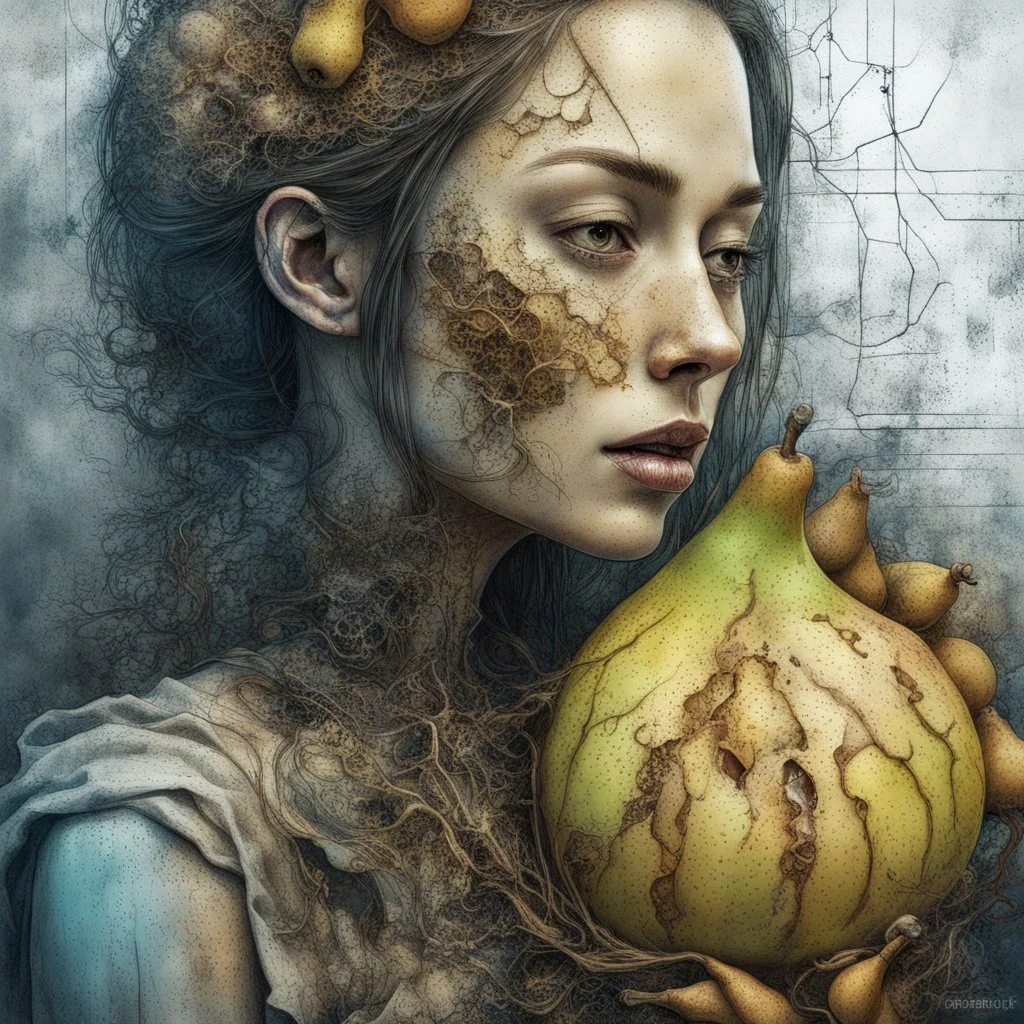 Grunge, woman as a decaying dried out Pear intricately showing its internal structure and seeds, cyberpunk, ultra unique natural textures, slight imperfections, vray. Modifiers: fantasy intricate dynamic lighting fantastic view hyperrealistic Unreal Engine matte background cinematic postprocessing VRay acrylic art pencil sketch creepy art station Gustave Klimt wet on wet watercolor Double exposure wet on wet Craig Rutkowski intricate fantasy