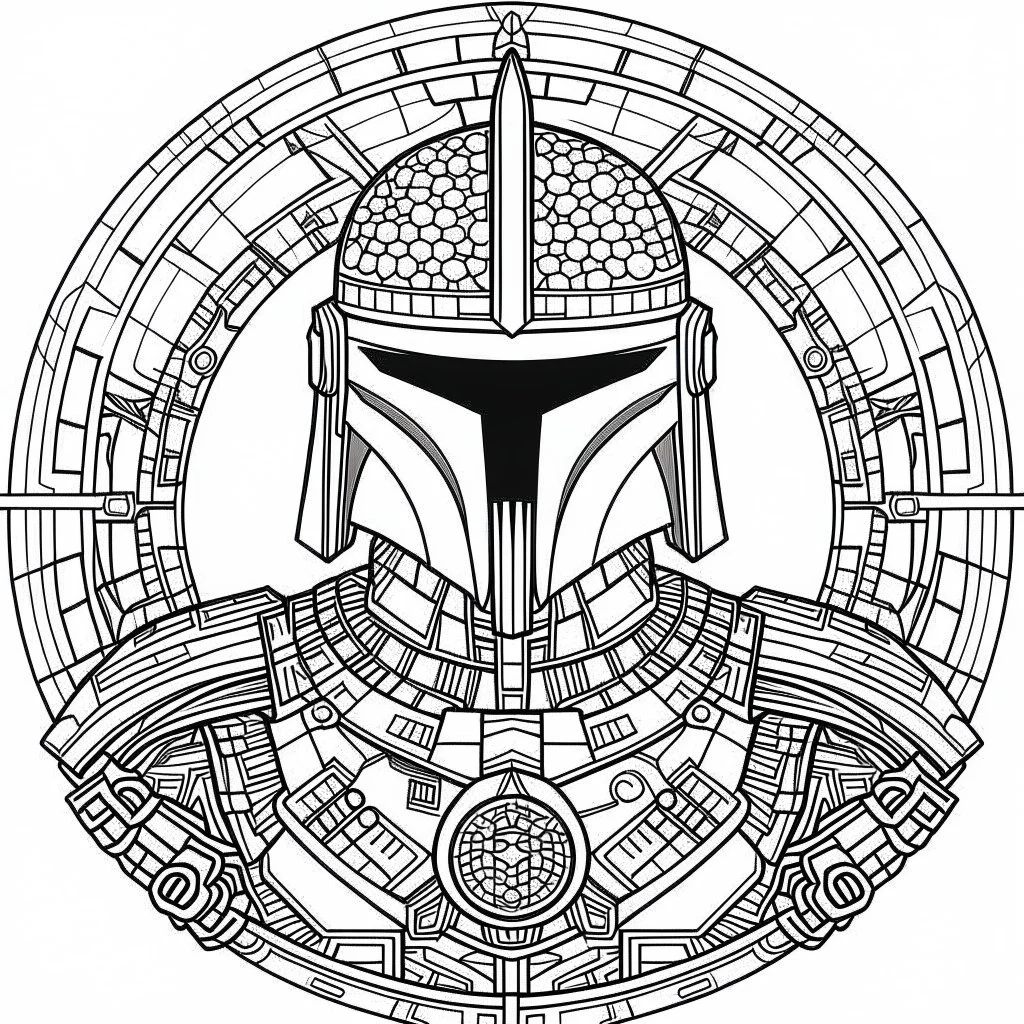 line work, coloring book, boba fett, mandala, black and white, thick lines, vector file