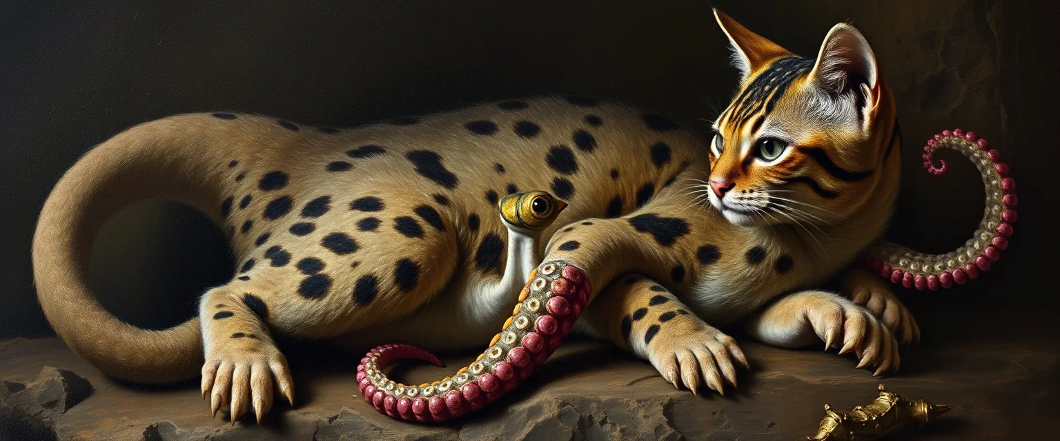 master oil painting by Rembrandt, cat octopus orc fish salamander