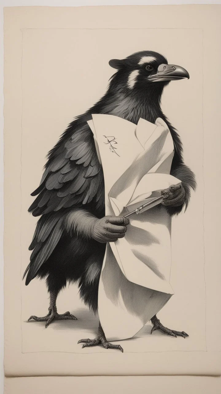 crow badger sevant holding a folded napkin, with distinct shadow on paper, signed by a master caligrapher