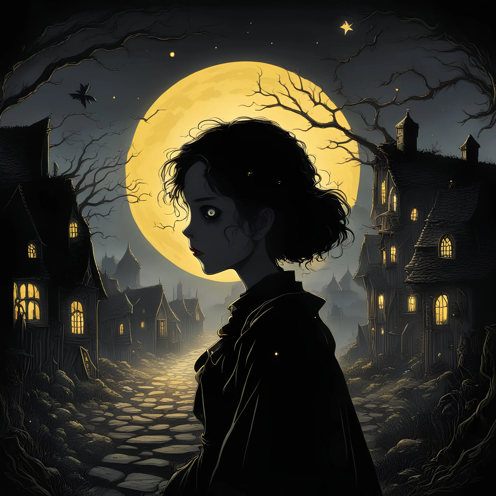 L'image de couverture du livre est un village désolé, plongé dans l'obscurité de la nuit. Mort, sang. Au centre de l'image, une princesse adolescente portant une broche en or. symbolisant le contraste entre la lumière et l'ombre. Au-dessus d'eux, la silhouette d'une broche en or brille faiblement, évoquant le mystère de la mort et les tragiques événements. Tim Burton style