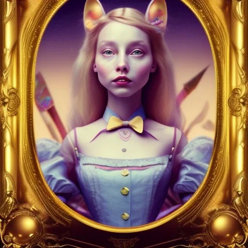 whole portrait of "Alice in the wonderland"in a gold frame rinassence style,Award-winning,dressin Disney style, detailed eyes, Realistic lighting, cinematic lighting, octane render, 8k ,elegant,smiling, by Chie Yoshii,Brian Kesinger,Gediminas Pranckevičius