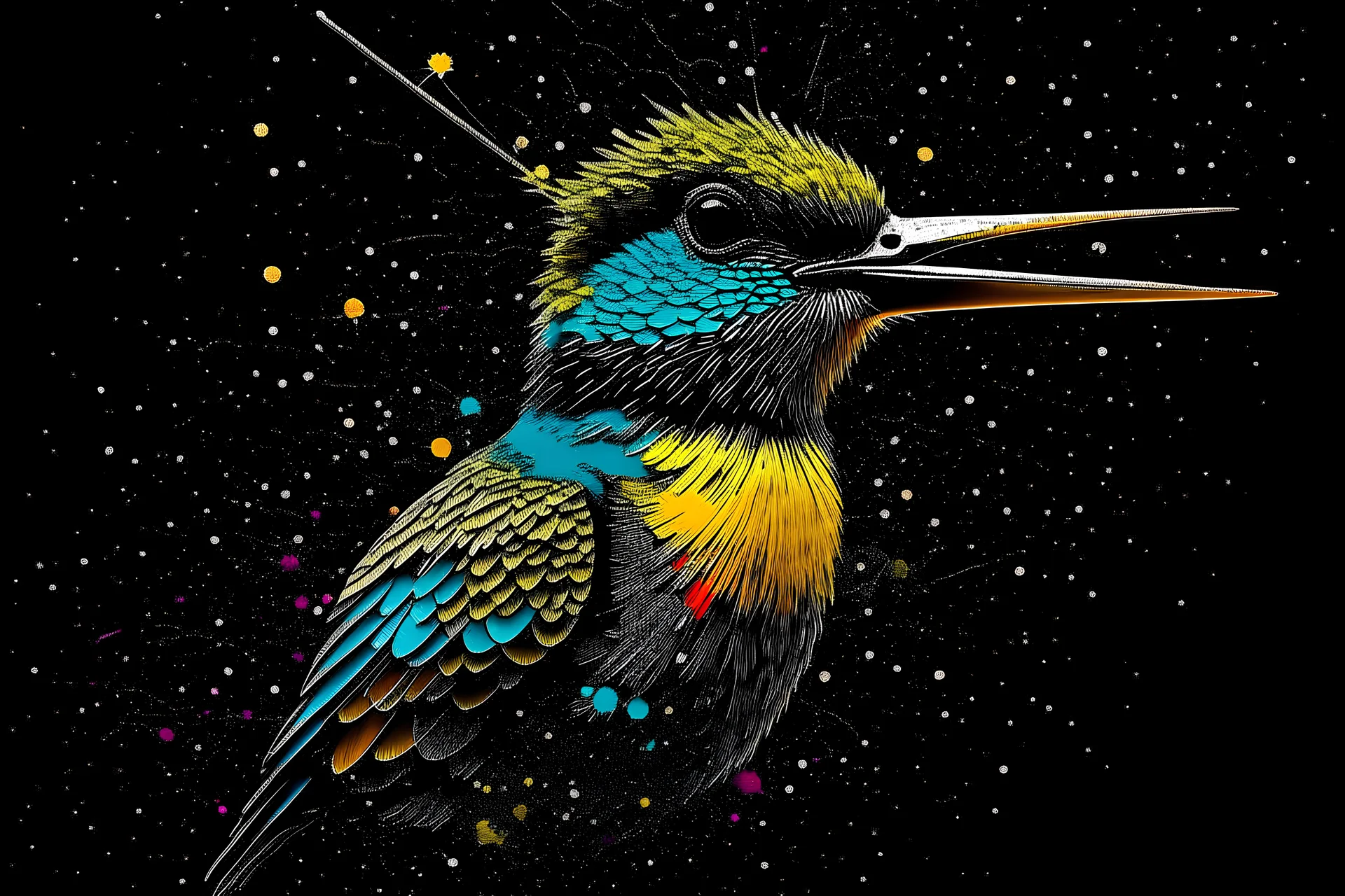 ((a hummingbird)), hyperdetailed eyes, tee-shirt design, line art, black background, ultra detailed artistic, detailed gorgeous face, natural skin, water splash, colour splash art, fire and ice, splatter, black ink, liquid melting, dreamy, glowing, glamour, glimmer, shadows, oil on canvas, brush strokes, smooth, ultra high definition, 8k, unreal engine 5, ultra sharp focus, intricate artwork masterpiece, ominous, golden ratio, highly detailed, vibrant, production cinematic character render, ultr