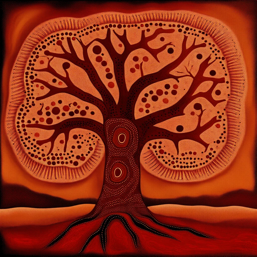 Aboriginal art of Boab Tree in the Australian outback, earthy colours of dark reds and browns , Aboriginal patterns and dots and symbols