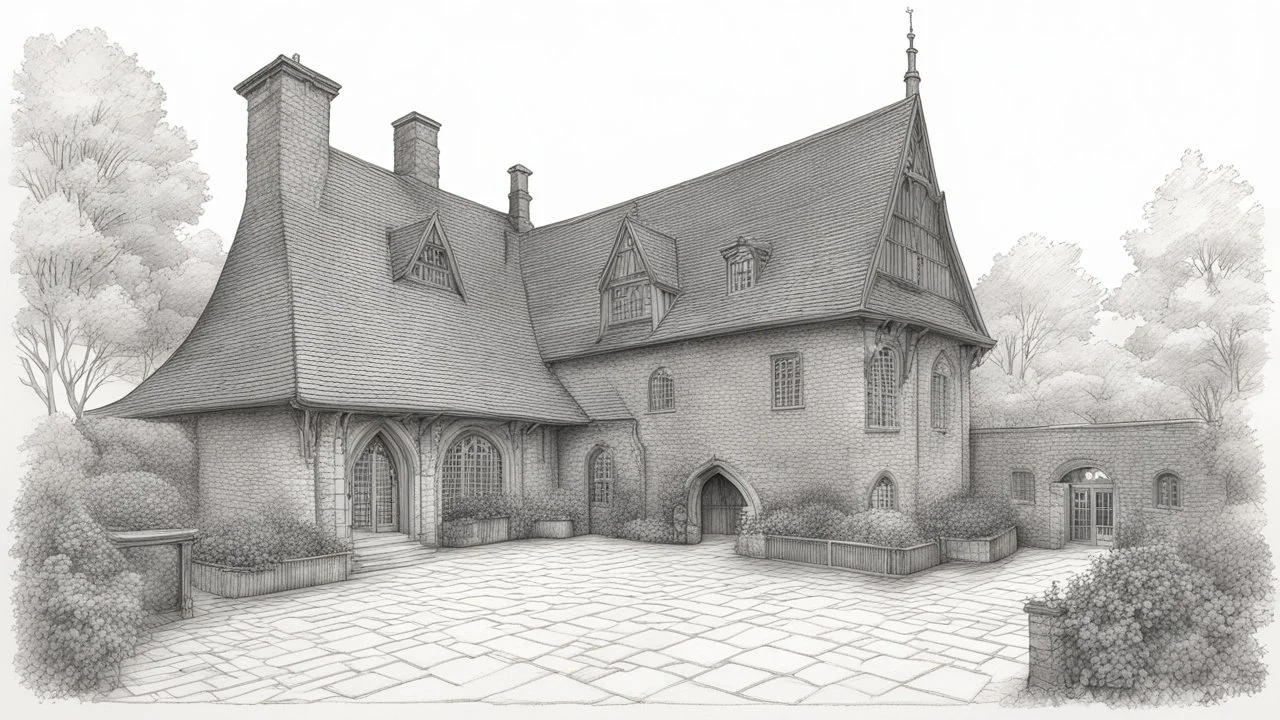 outline pencil sketch of a paved courtyard with a Tudor house, tall crooked chimney, and roof