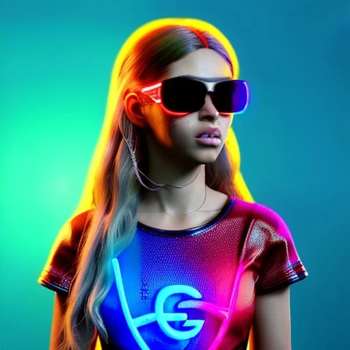 Shakira, artist, 30 years old, Realistic image, waist up portrait, etro style dress. Gucci sunglasses. loose long hair, eyes make up, perfect, glow, circle iris. Neon colors, leds. Cyberpunk. concept art, smooth, unreal engine 5, god lights, ray tracing, RTX, lumen lighting, ultra detail, volumetric lighting, 3d, finely drawn, high definition, 4k.