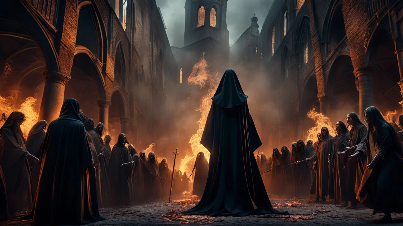 a magical female sorcerer in black cloth leading an army of rotting zombies through a burning medieval city. apocalypse. magic. fantasy setting. blood. intense horror. blind terror. scared to death. a masterpiece, fantasy concept art, dynamic lighting, hyperdetailed, intricately detailed, deep color, Unreal Engine, volumetric lighting, Epic cinematic brilliant stunning intricate meticulously detailed dramatic atmospheric maximalist digital matte painting