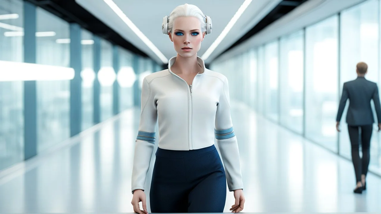 A captivating 3D render of Anita, a 25-year-old human android with unique features. She has short, white albino hair styled neatly and tied back, complementing her flawless white skin.Her striking blue eyes are surrounded by freckles, adding to her kind and approachable face. She stands in futurisctic white-blue-black cloth in a futuristic office , designed with sleek modern lines and cutting-edge technology. The photorealistic quality