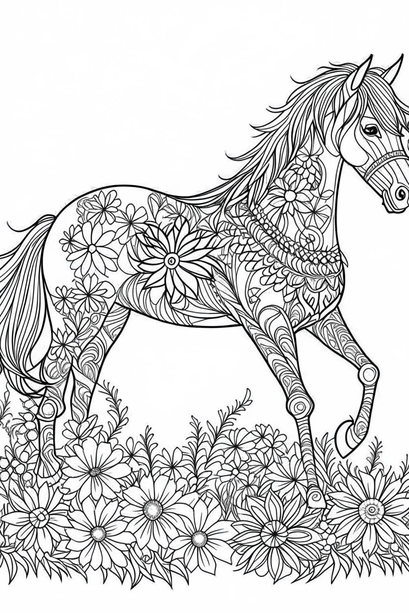 outline art for horse coloring pages with horse and flowers, white background, Sketch style, full body, only use outline, clean line art, white background, no shadows and clear and well outlined