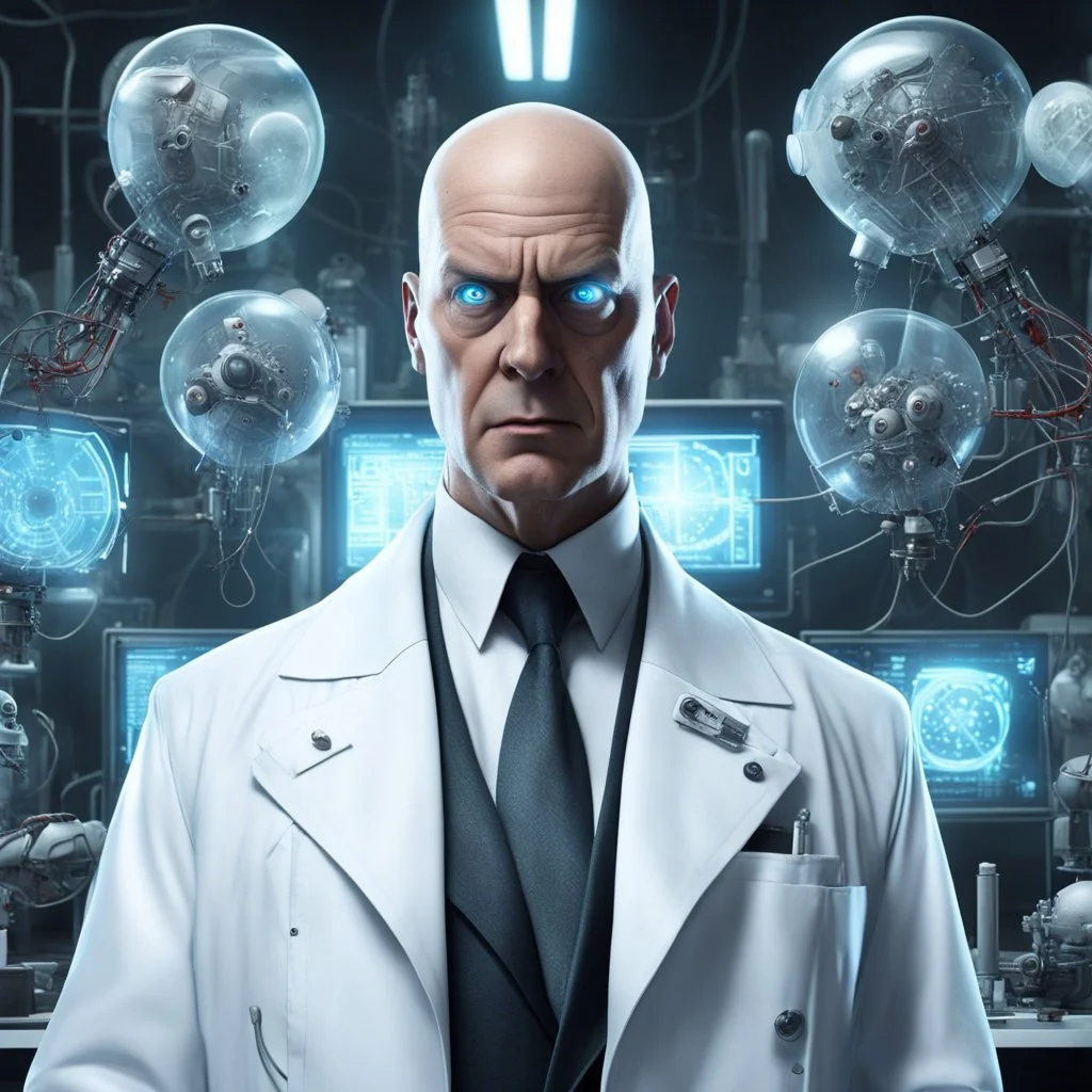 CGI gritty superhero movie still, fantastical Portrait of a smug super-villain in a lab-coat, extended bulbous frontal lobe bald head with a several different sized futuristic tech devices implanted randomly in his oblong head, super-villain, surreal, Marvel aesthetic, background is a mad-scientist's lab with formulae scrawled on a giant white-board