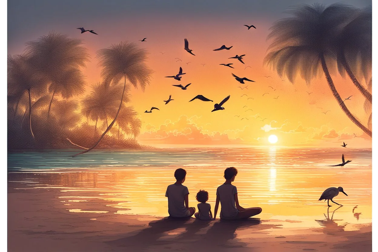 families sitting on a beach lagoon, birds in the sky, sunset, tropical forest