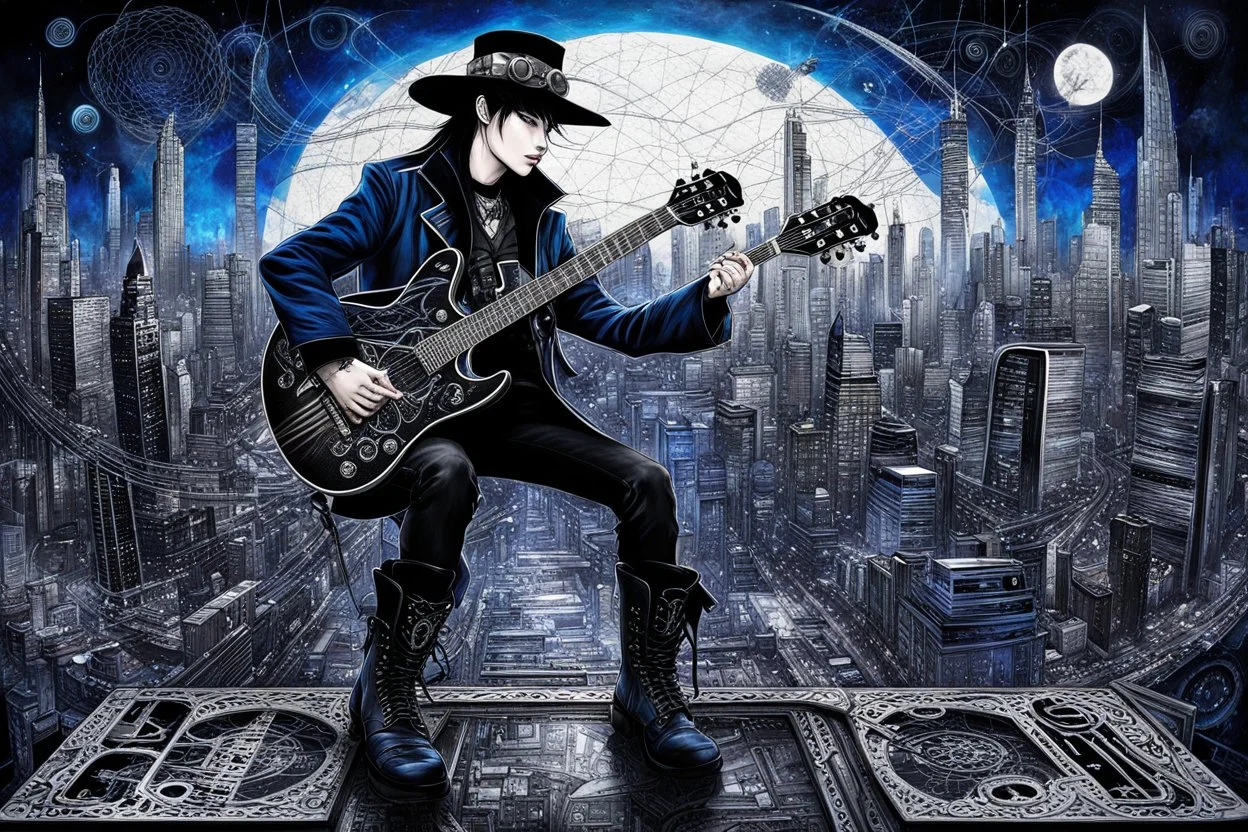 Mixed media picture, the background is black and white line art 3d cyber city In the middle a colorful photo of an attraktive goth asian man playing on the old guitare , wearing goth dark blue clothsirt, shiny black jeans, steampunk black hat and black boots, his hair is deep blue-black-silver colors, enhancing the contrast between her and the black and white cityscape space