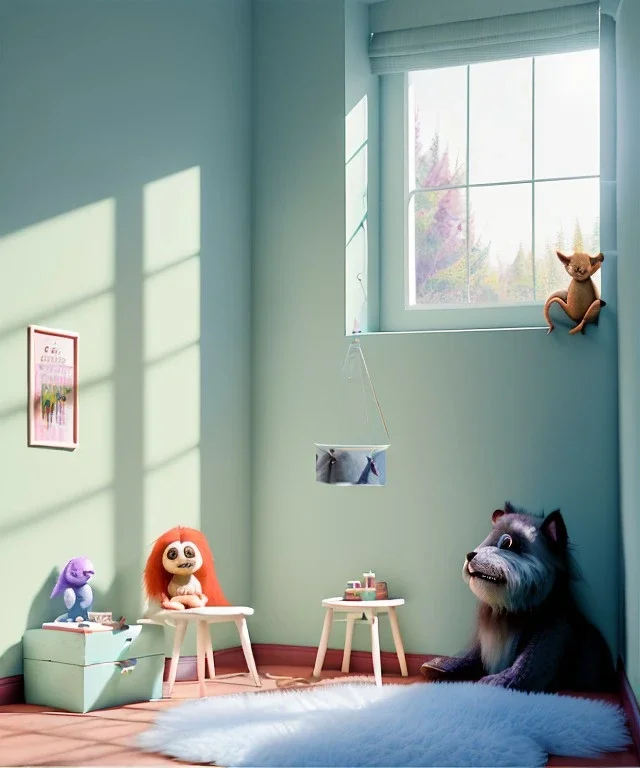 Realistic child room. sweet big furry monster sitting. Tim burton style. Red hair, smile, happy, gradient color fog. highly detailed, concept art, unreal engine 5, ray tracing, RTX, lumen lighting, ultra detail, volumetric lighting, 3d, finely drawn, high definition, high resolution.