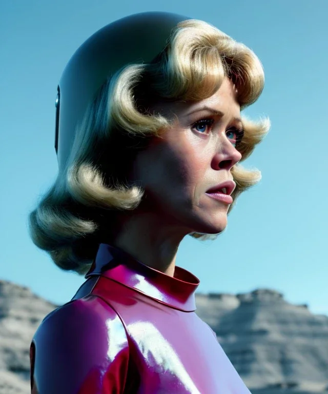 Ultra Realistic retro sci-fi image from 1960, sweet young woman Jane Fonda with a man, dress with tight latex coat and retro glass helmet, Retro sci-fi style, soft color, highly detailed, unreal engine 5, ray tracing, RTX, lumen lighting, ultra detail, volumetric lighting, 3d, finely drawn, high definition, high resolution.