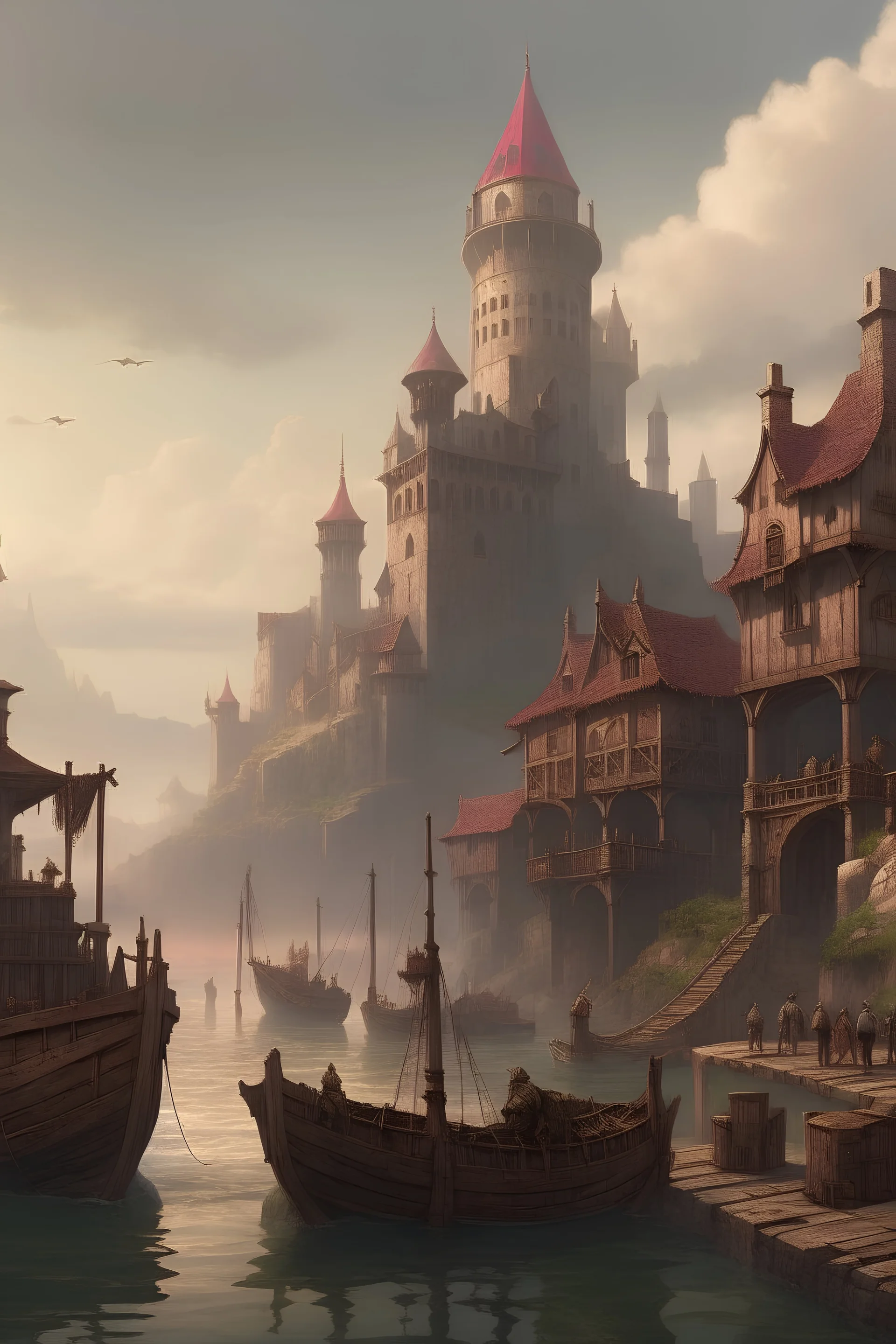Giant port city, pathfinder, dungeons dragons, Lockwood, mist, 4K