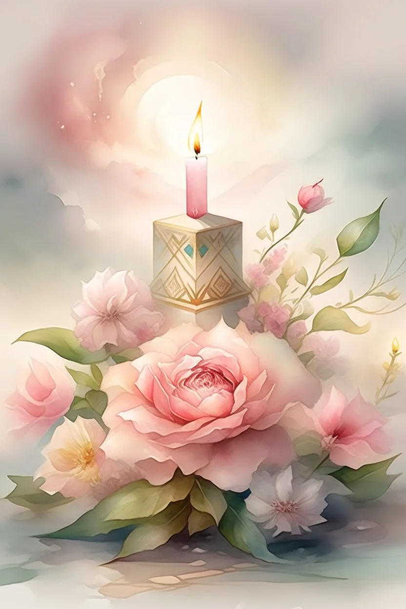 MAGIC A PYRAMID CANDLE IS BURNING AROUND WONDERFUL FLOWERS English watercolor, Smoky cream, pale gray, pale pink, pink background. bright light, a bouquet of roses on the table are pale pink, pale bordeaux, white, ochre. green stems, the light is translucent. Watercolor, fine ink drawing, peonies in an hourglass, elegant gold inlay, rich interior