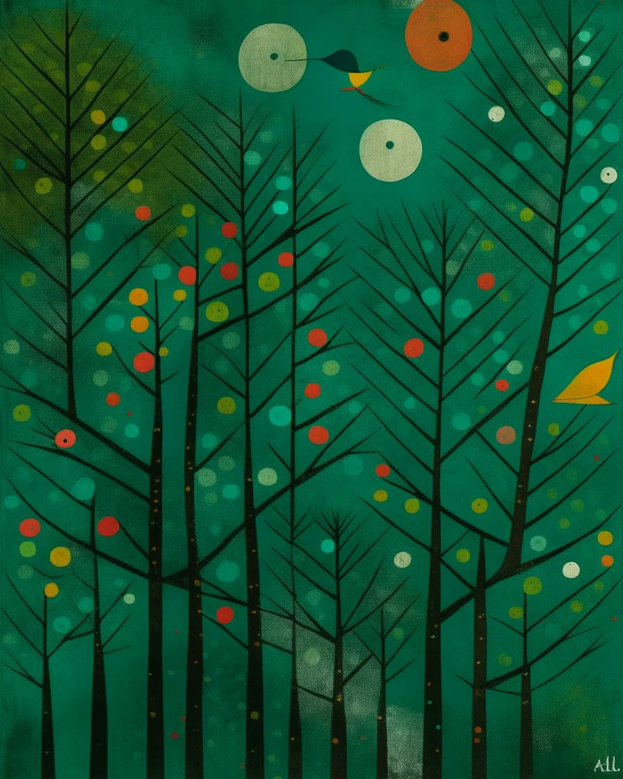 Dark teal treetops with singing songbirds painted by Paul Klee