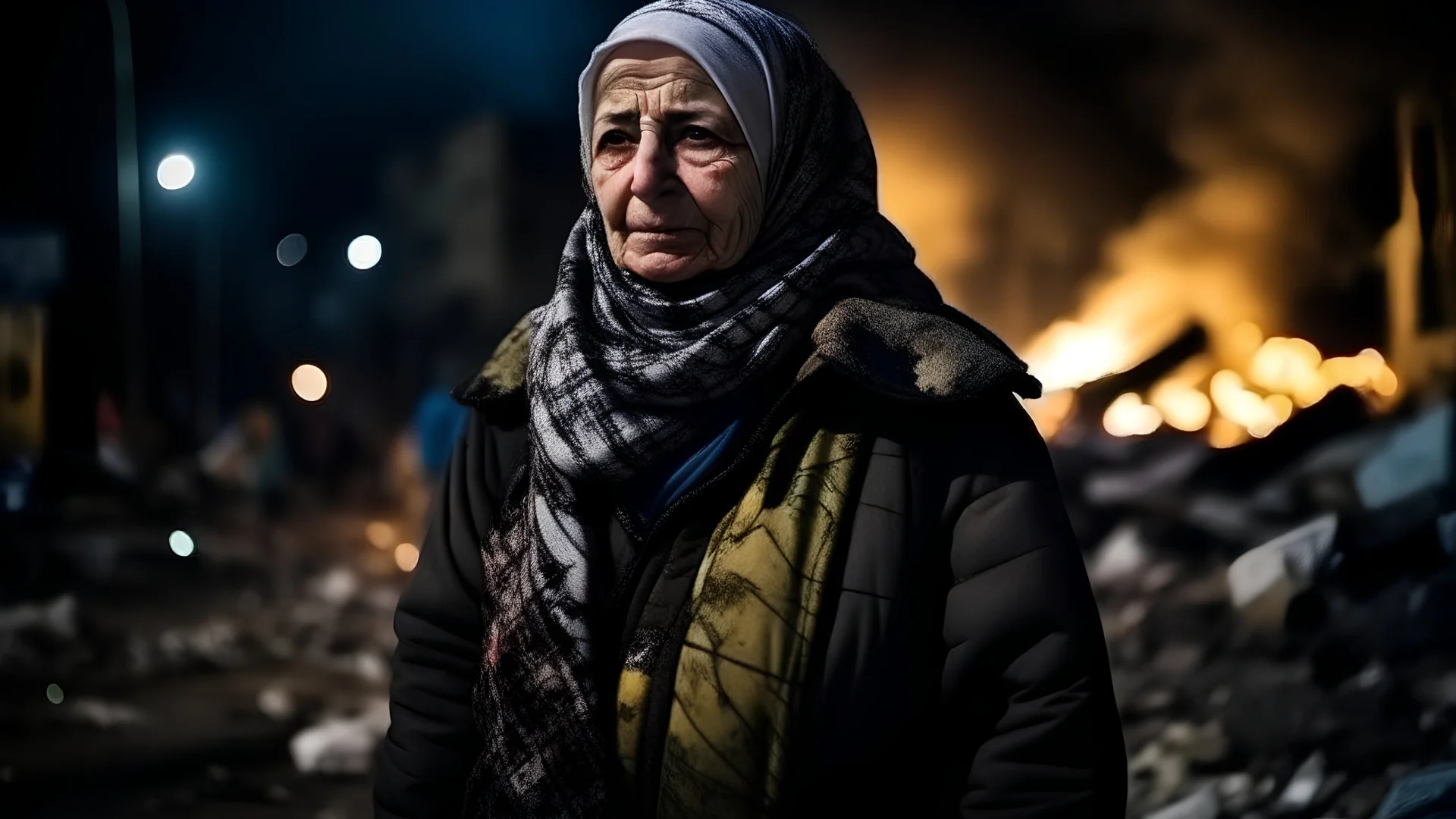 Palestinian old woman wears the keffiyeh , Carrying a small city ,at winter , Destroyed Buildings , with a Explosions, at night