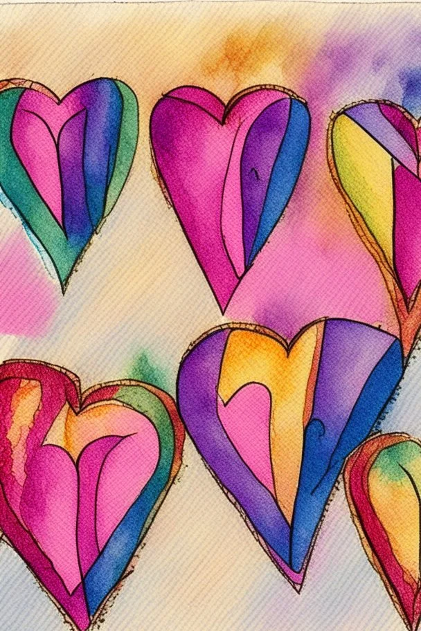 Hearts abstract wet watercolour in the style of Paul klee with thin sketchy pencil lines
