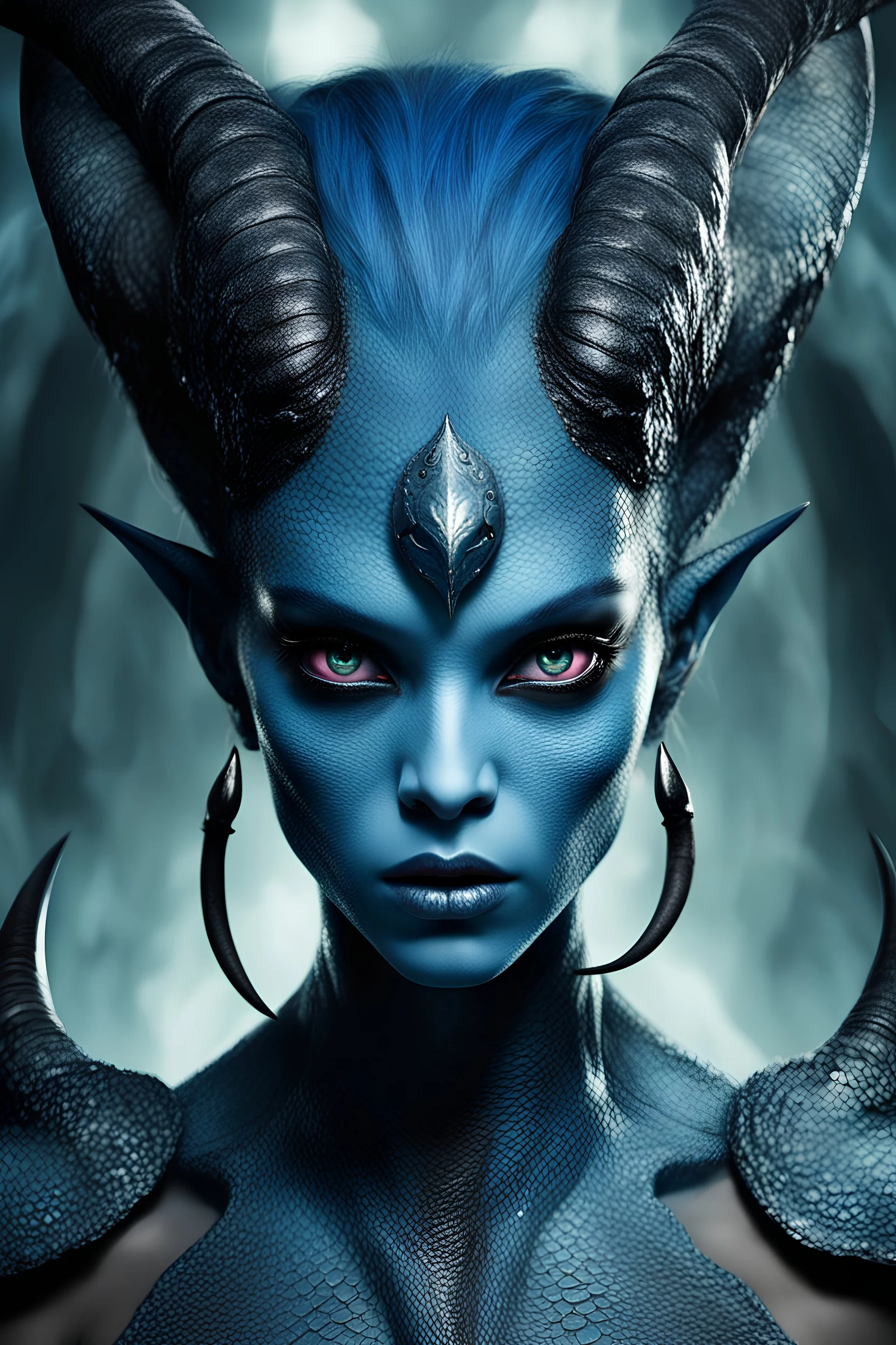 extraterrestrial femine being, blue skin, big black eyes, horns, angry, reptilian mode