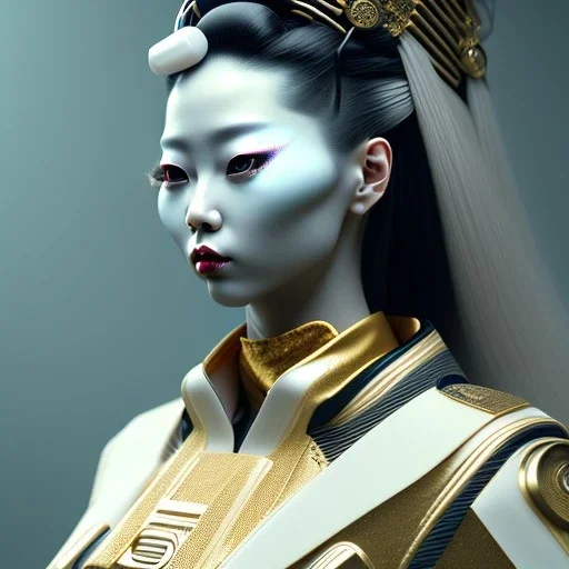 Cyber geisha, blonde, black hair, white skin, Japanese pattern dress, velvet, gold, cyberpunk style, purpurin, highly detailed, art stations, concept art, smooth, unreal engine 5, god rays, ray tracing, RTX, lumen lighting, ultra detail, volumetric lighting, 3d, finely drawn, high definition, high resolution, gradient background