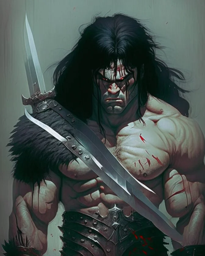 sad human berserker meaty black hair big greatsword