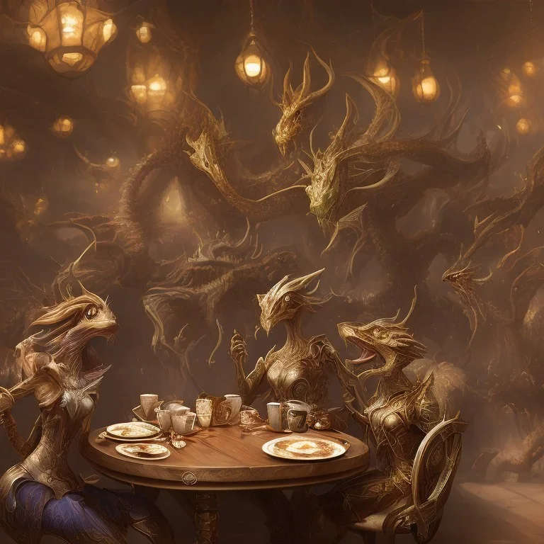 Mythical and legendary creatures sitting in a cafe drinking coffee with detailed details, full and clear painting elements, full HD painting resolution, 4K, 8K, 16K,