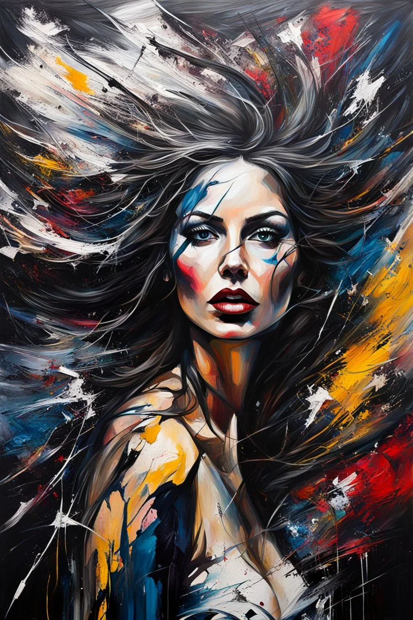 Abstract painting about a beautiful woman and her chaotic life, chaos, stormy, explosive, weird but exceptional art, thick paint strokes, dark colours, realistic