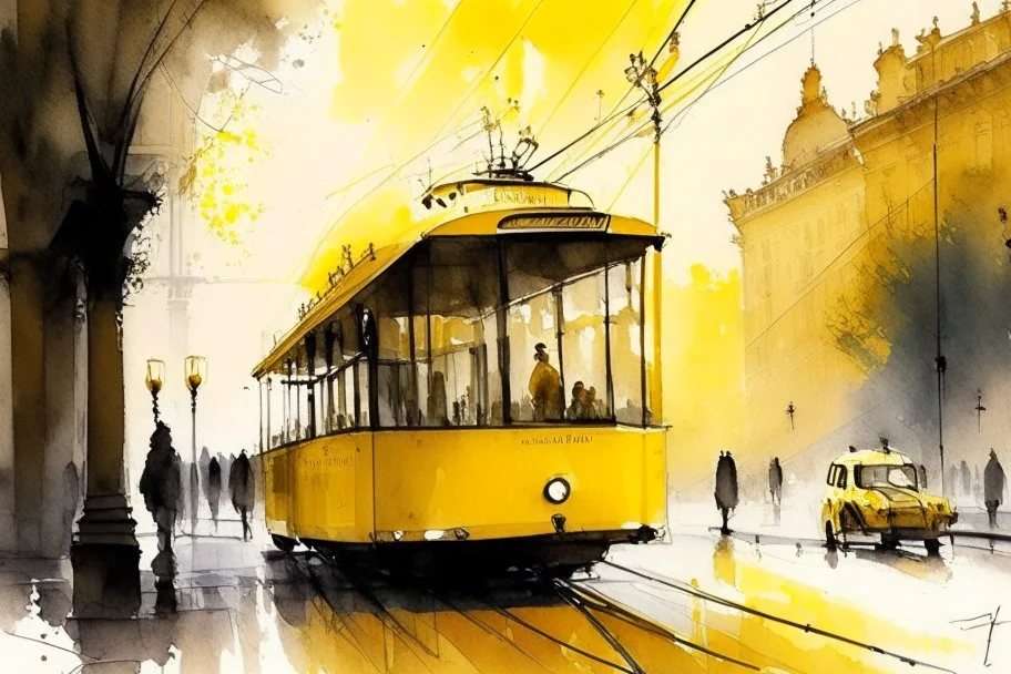 yellow tram in Budapest, style Alvaro Castagnet, Anton Pieck highly detailed elegant very attractive beautiful dynamic lighting watercolor aquarelle Thomas Wells Schaller