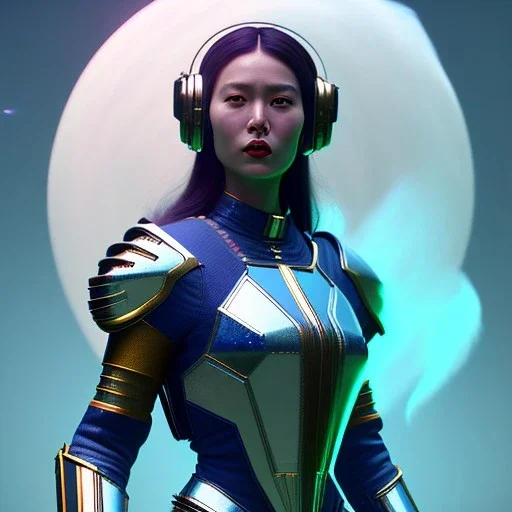 woman, asian, blue, painted face, round helmet, decorative color feathers, retro futuristic, latex coat, soft color, highly detailed, art stations, concept art, smooth, unreal engine 5, god rays, ray tracing, RTX, lumen lighting, ultra detail, volumetric lighting, 3d, finely drawn, high definition, high resolution.