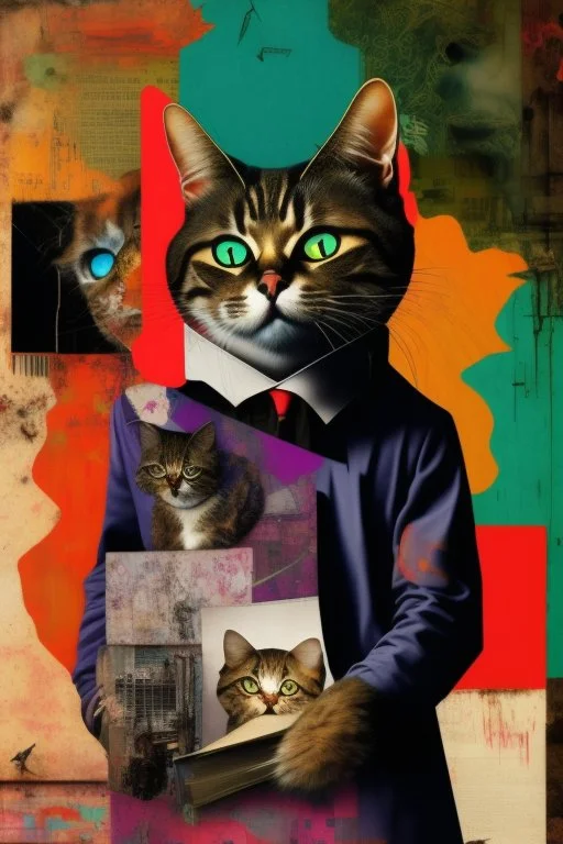 dA cat, abstract and contemporary surrealism, collage of absurd art,.grunge and urban