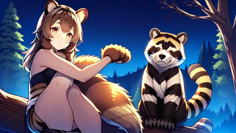 Two Girl, raccoon tail, raccoon ears, sit on tree, night time, forest, raccoon paws in foot, raccoon hand, raccoon legs.