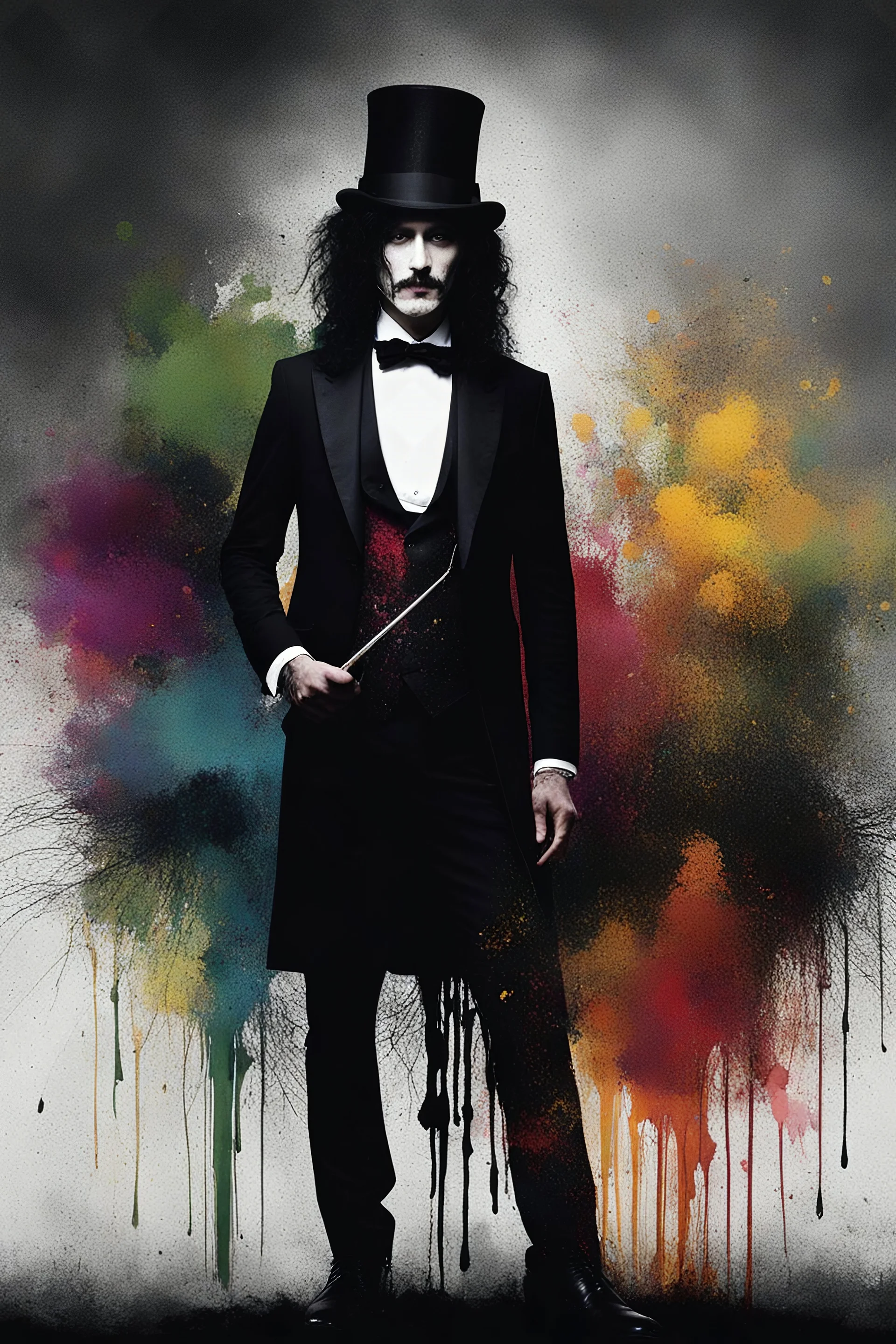 A scary man with long curly black hair, wearing a top hat, black tuxedo and tie, against a black wall with multicolored paint splatter