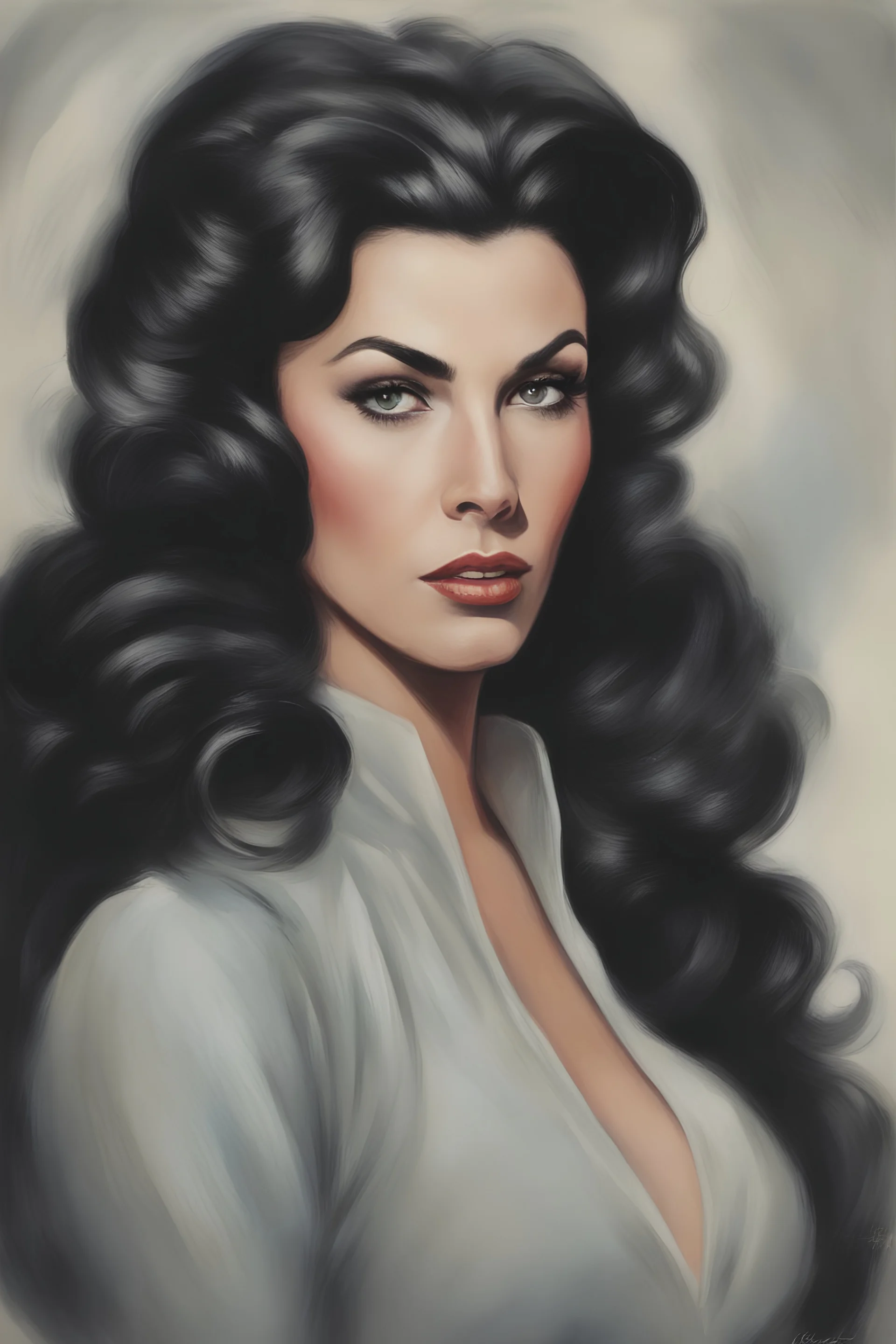 Facial portrait - A woman with long, wavy curly black hair and a stacked body who resembles Leonard Nimoy/Sofia Vergara/Elizabeth Taylor/Elvis Presley/Paul - Full Color