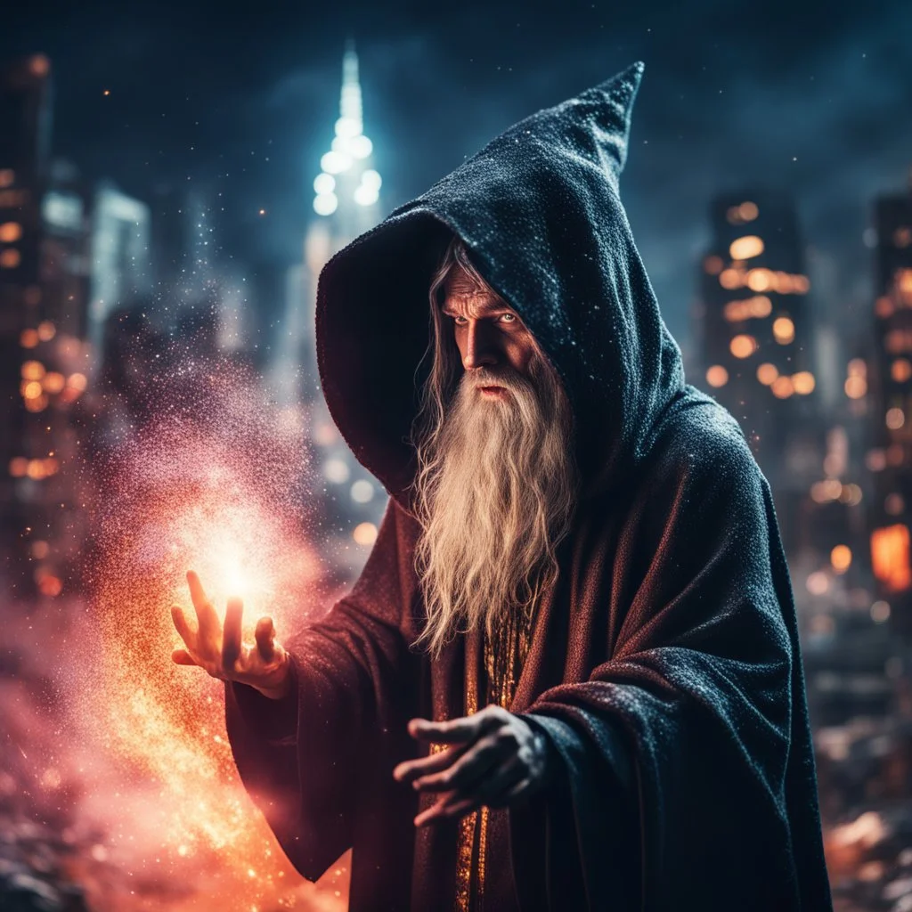 hooded wizard casting spells, covered with glowing crystals, glowing white eyes, power, fire particles in air, destroyed city in background, night, bright colors, glowing sparkle particles, dark tone, sharp focus, high contrast, 8k, incredible depth, depth of field, dramatic lighting, beautifully intricate details, clean environment, epic dynamic scene