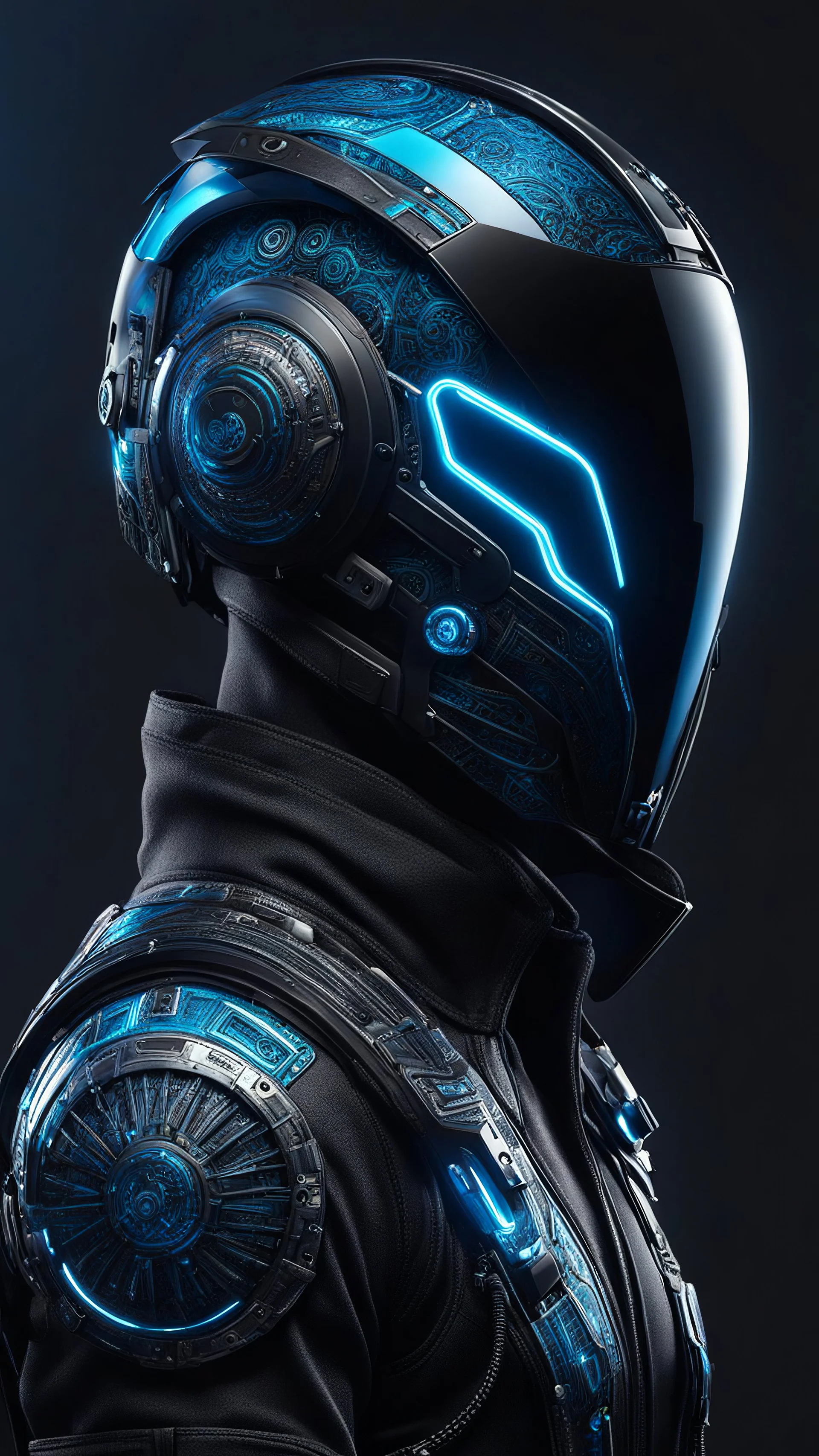 Someone wears a black glass Cyberpunk helmet , full helmet cover , Changshan, black and blue color, cyberpunk drawing style, neon, full body intricate details, highly detailed, high details, detailed portrait, masterpiece,ultra detailed, ultra quality