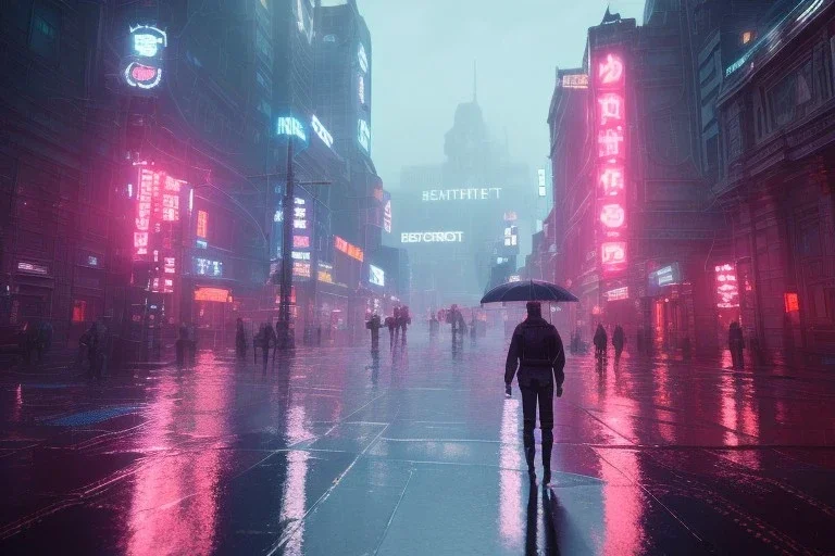 3D, beautiful, light reflecting, empty future city at night, rainy night, neon, cyberpunk, tron, one cyborg walking, 8k, finely detailed, photo realistic