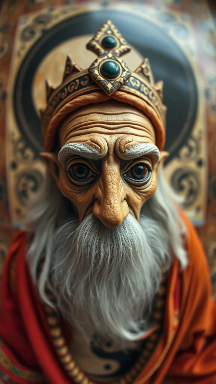 fish eye lense, master oil painting by Rembrandt, realistic rendering Portrait of the Apkallu sage who were sent by the god Ea to teach civilization to humanity before the flood. They were depicted as half-human and half-fish or bird, and were associated with wisdom, magic, and culture. blurred tile yin yang pattern background, brightened edges to give a sense of depth