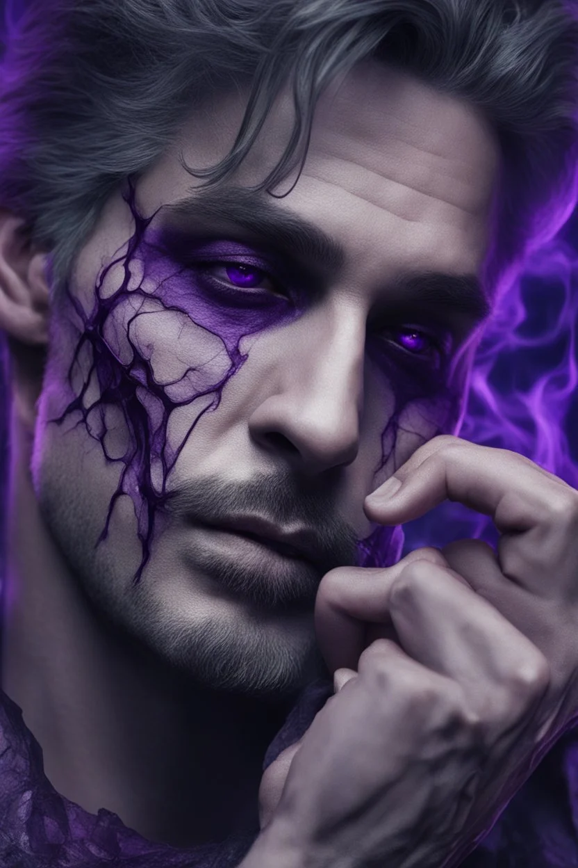 Your poison is running through my veins, close up of purple veins standing out on an Attractive man's face after he got the kiss of death, hyper realistic, gothic, 8k