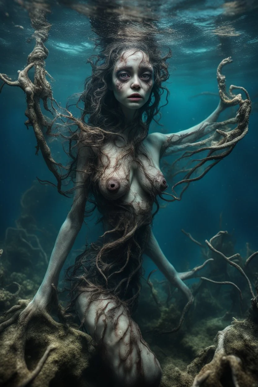 Underwater, closeup siren with big eyes, ragged clothes, fullbody, his skin translucent, black veins that extended like roots, 8k,macro photography,