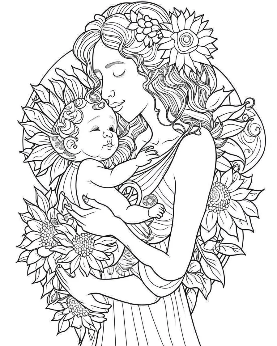 mother with his sun coloring page, full body (((((white background))))), only use an outline., real style, line art, white color, clean line art, white background, Sketch style