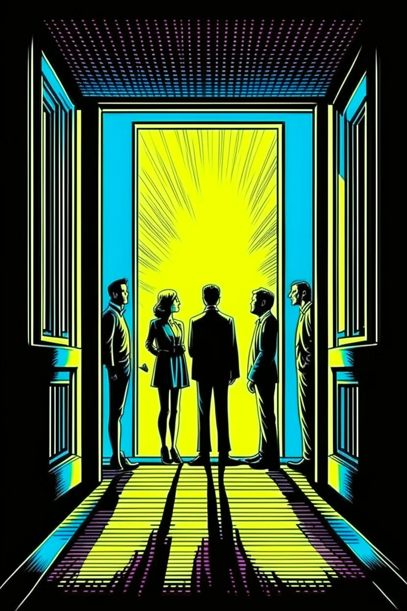 Vintage pop art style, light of hope shinning through a doorway on people in a dark room